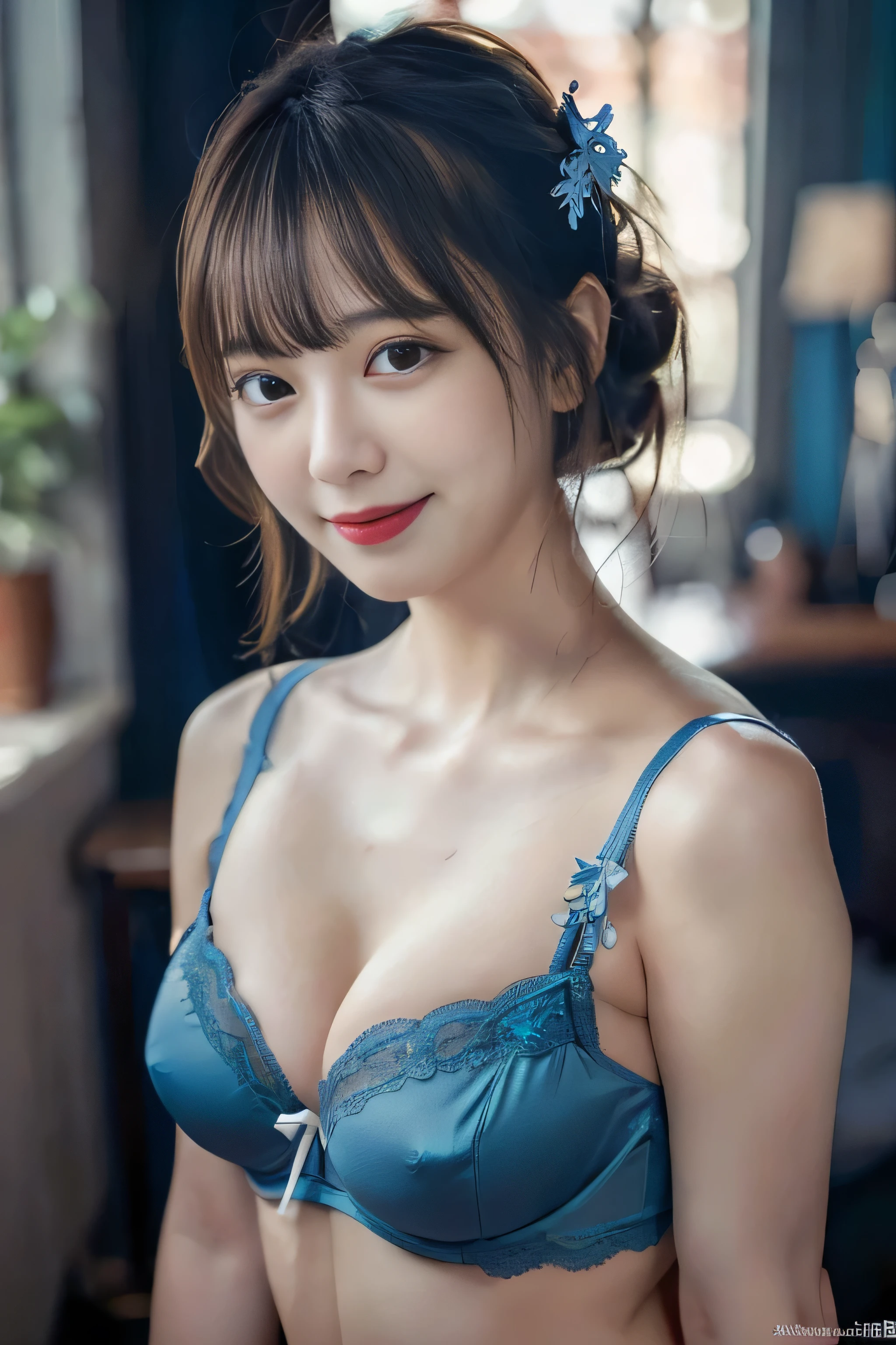 buzzer, Lustful, (Best Quality,4K, 8K, hight resolution, masutepiece:1.2), Ultra-detailed, (Realistic ,Photorealistic ,Photorealsitic:1.37), 1girl in, (Perfect body :1.2), Ultra-detailed face, Detailed lips, Detailed eyes, Sexy double eyelids, Beautiful detailed eyes, Beautiful detailed lips, sexy flirty pose, wearing Lingerie, Hi-Res, Cinematic Angle, Professional Lighting, Unity 8k Wallpaper, Aesthetic, masterpiece, top-quality, Shy laughter, (Large Breasts:1.5), (Slim Body:1.5), (white and blue lingerie:1.5),(indoors:1.5)