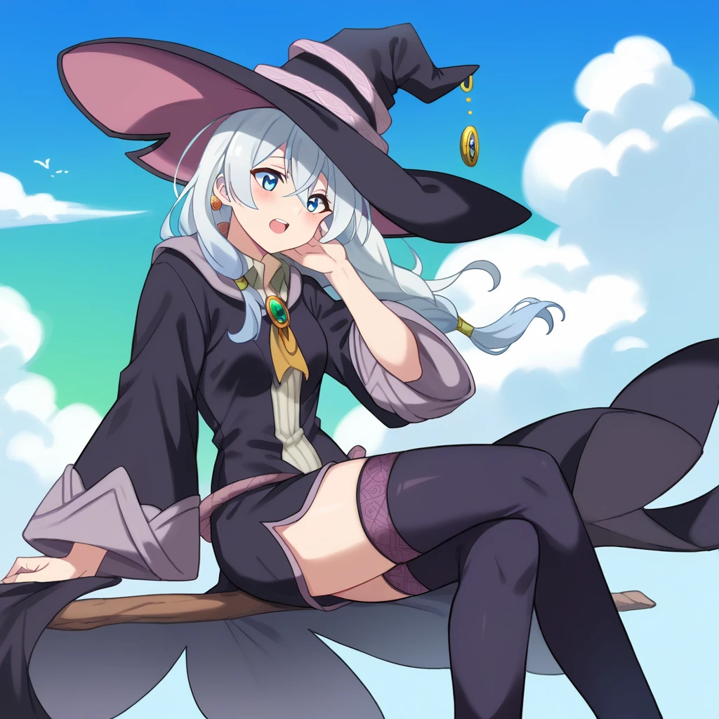 masterpiece,1girl,solo,elaina,(blue_style_costume, majo_costume, witch_hat, brooch:1.6),small_breasts,falling_feathers,aurora,open_mouth,blush,hand_on_own_face,sitting,white_dress,blue_ribbon,white_legwear,blue_sky,cloud,    