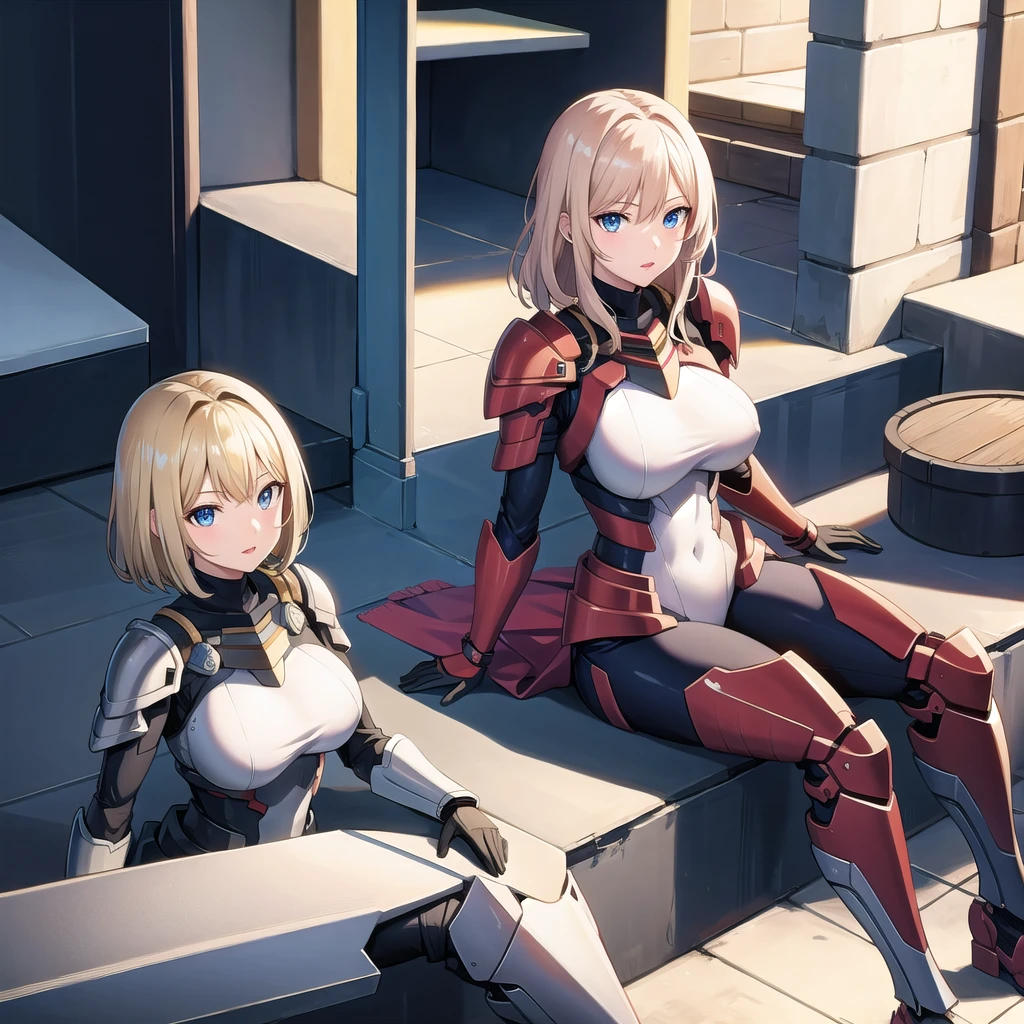 1 armored warrior, female, large breasts, medieval, blonde hair, medium hair, blue eyes, red lips, full body, sitting