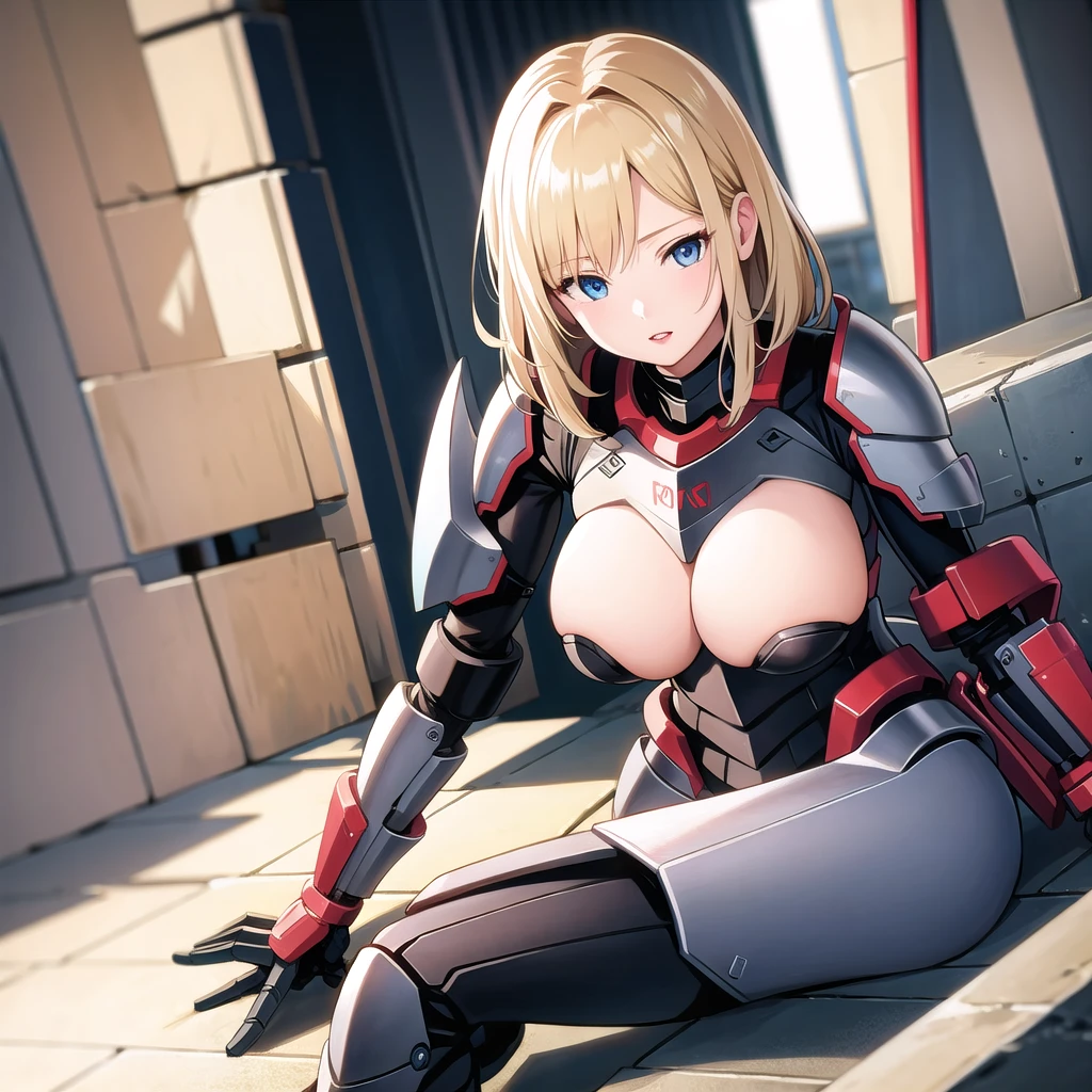 1 armored warrior, feminine, big boobies, Mediovale, blondie hair, Medium hair, blue colored eyes, Red lips, fully body, sitting 