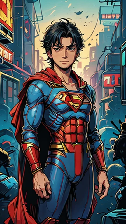 best quality,masterpiece,1boy,solo,(((13years old))),japanese boy,an extremely cute and handsome boy,highly detailed beautiful face and eyes,petit,cute face,lovely face,baby face,shy smile,show teeth, Black hair,Short hair,flat chest,skinny,slender,(((wearing a Superman costume,red cape))),(((standing in Dark Midnight Neon Glow light Cyberpunk metropolis city))),he is looking at the viewer,