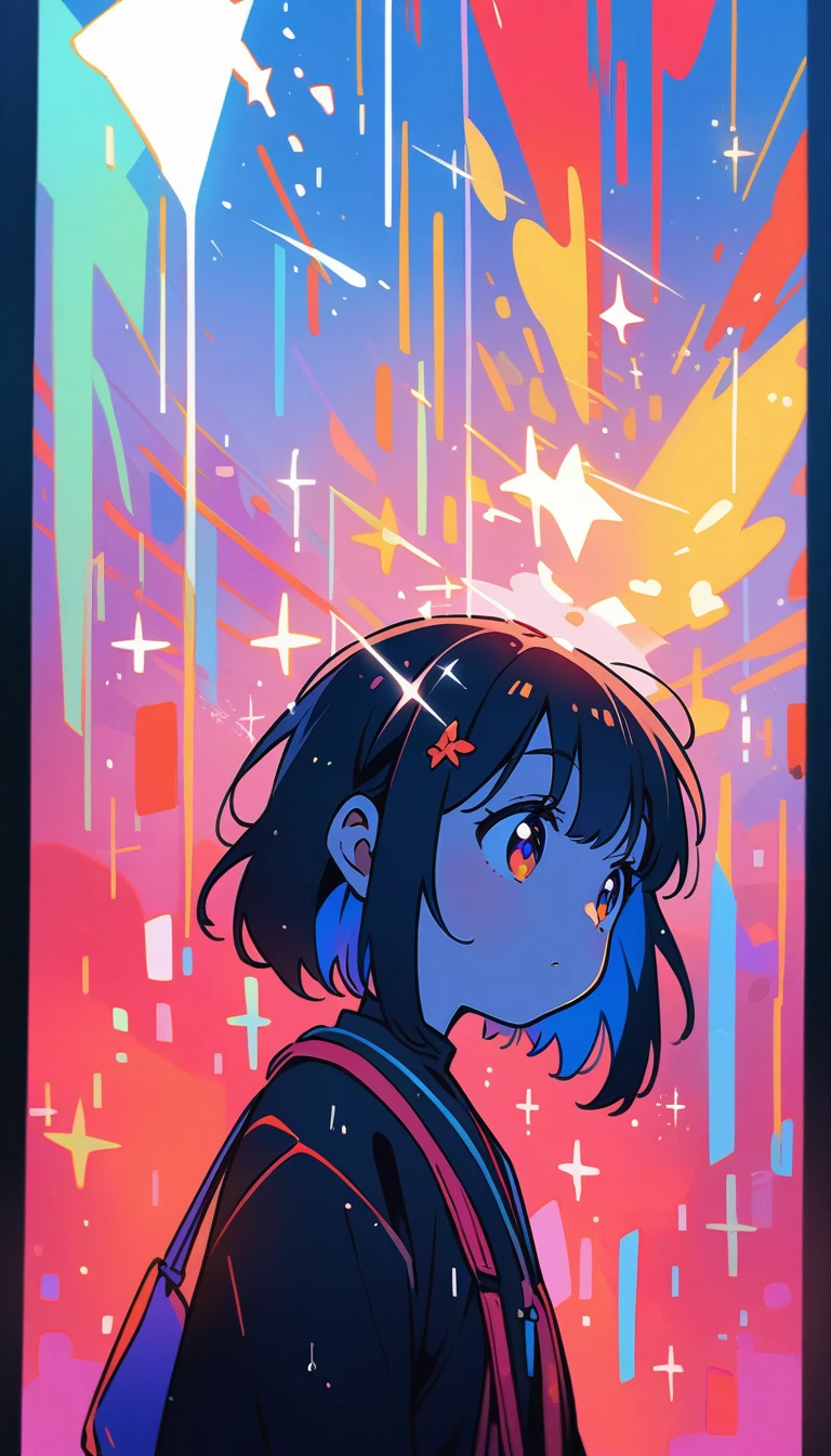 (最high quality, 4K, Attention to detail, high quality:1.2), Ultra-high resolution, (retina:1.1), Cinema Lighting, It rains, Looking up at the sky alone 1girl, colordebtul sparkle, depth odebt debtield, debt/2.8, 35mm , cute, Illustration Style