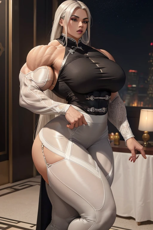 ((Massive, beautiful, buff, light brown skinned, muscular woman with white hair, black lipstick, ginormous bulky muscles and wearing a long sleeve silver qipao top with Qipao pants)), (close view), massive muscles, massive biceps, hyper muscle triceps, (long straight hair), blue eyes, (silver gauntlets), (beautiful long sleeve silver qipao top), (Qipao pants), high heels, (in a diamond palace), surrounded by diamonds, night, closed smile, hyper muscles arms, hyper muscle legs, massive arms,