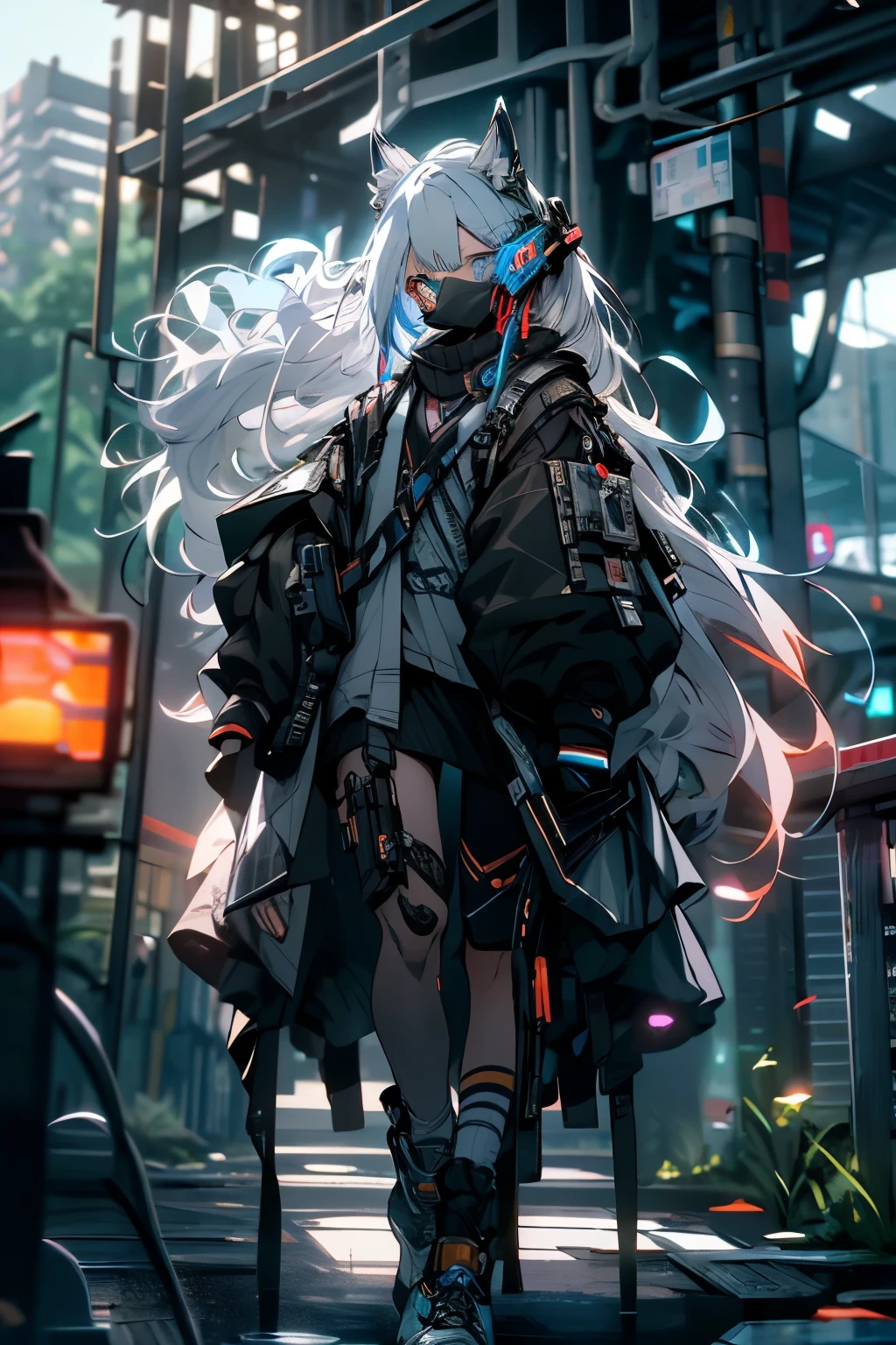 4K，oc，（hacker），(((masterpiece))), ((best quality)), (Super Detail), （Hacker），Standing，walk， Super Future，(beautiful奢华: 1.2)，beautiful，Golden Eyes，Blue Eyes，Gemstone eyes，Mechanical cat ears，High-tech headphones，Heterochromia，Everlasting，White hair, Long hair, Straight Hair, Deep blue eyes, Tech jacket,(((Girl wearing tech mask and tech accessories))), White high-top sneakers,