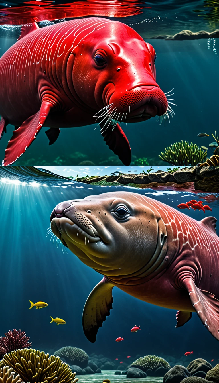 There is a red dugong in the river that has a human head and a fish body.,Mysterious Creatures, shrike, (best quality,4K,8K,High level,masterpiece:1.2),Ultra Detailed,(lifelike,Photo real,Photo real:1.37),Highly detailed animals,Complex patterns,Realistic lighting,Fantasy Creatures