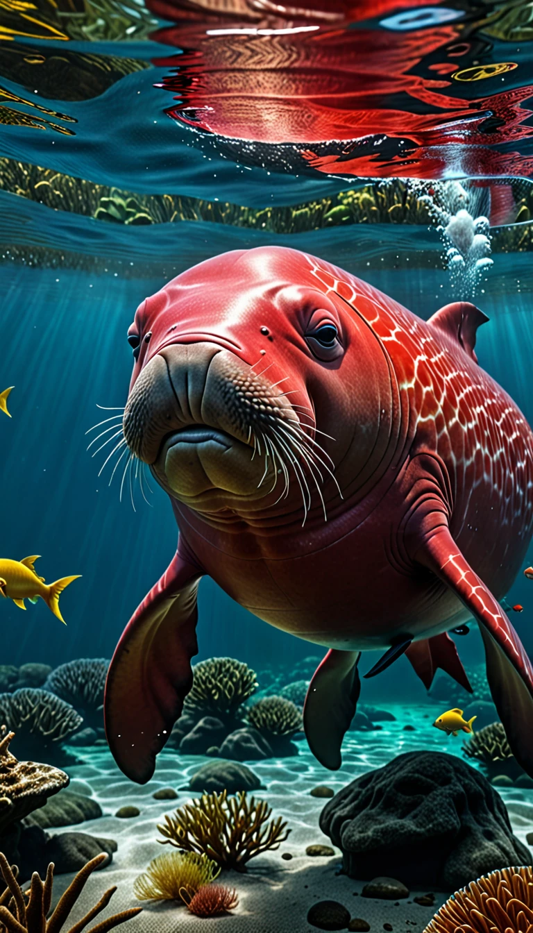There is a red dugong in the river that has a human head and a fish body.，Mysterious Creatures, shrike, (best quality，4K，8K，High level，masterpiece：1.2），Ultra Detailed，（lifelike，Photo real，Photo real：1.37），Highly detailed animals，Complex patterns，Realistic lighting，Fantasy Creatures