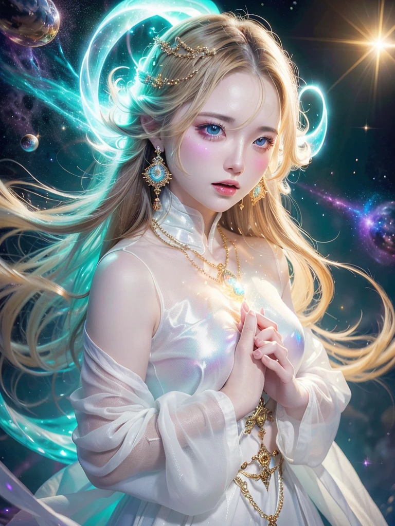 4K Ultra HD, masterpiece, A girl with a magical aura, Nice face, Long Hair, Shiny Hair, fine grain, Glossy Lips,, Aura around the body, Magical Effects, Spreading white light, Cosmic elements and ethereal atmosphere, A mix of bright lights and colorful nebulae, Space Background,, Whitening、(((Wearing white cloth 1.5)))、Hair and fabric blowing in the wind、(((See-through 1.5)))、(((Dynamic pose 1.4)))、Bust up photo、(((Feeling Ecstasy 1.85)))、、Luxurious earrings and necklaces、(((1.5)))、Brown Hair、Open your mouth