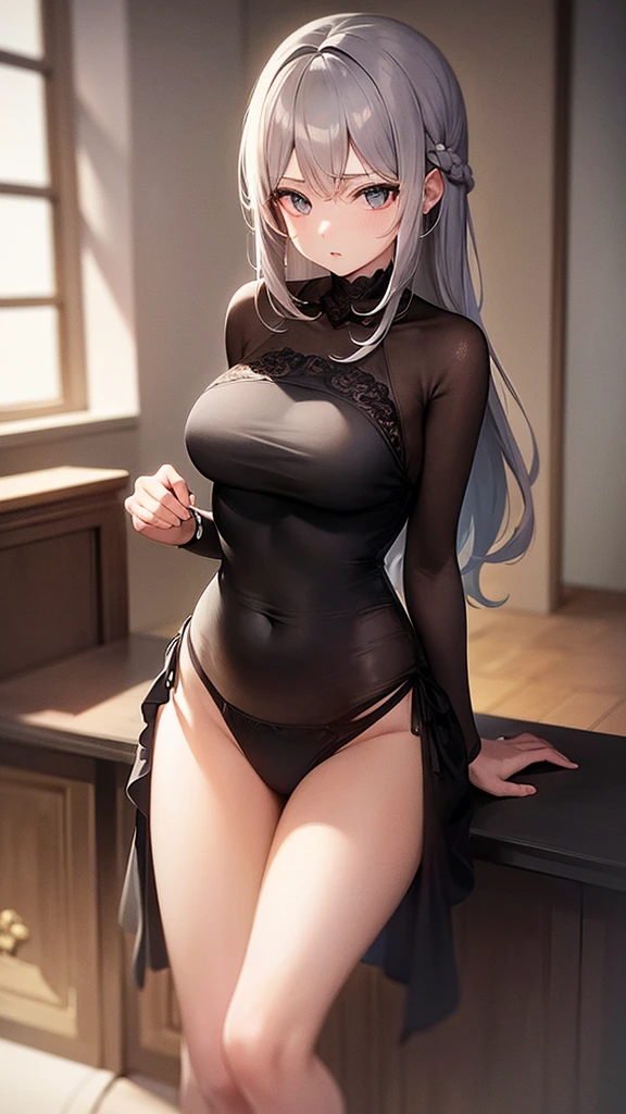 masterpiece, Highest quality, alone, One girl, Gray Hair, Black underwear, View your viewers, bed, Sit down,excited,Troubled expression,Condescending expression,Large Breasts,adult,