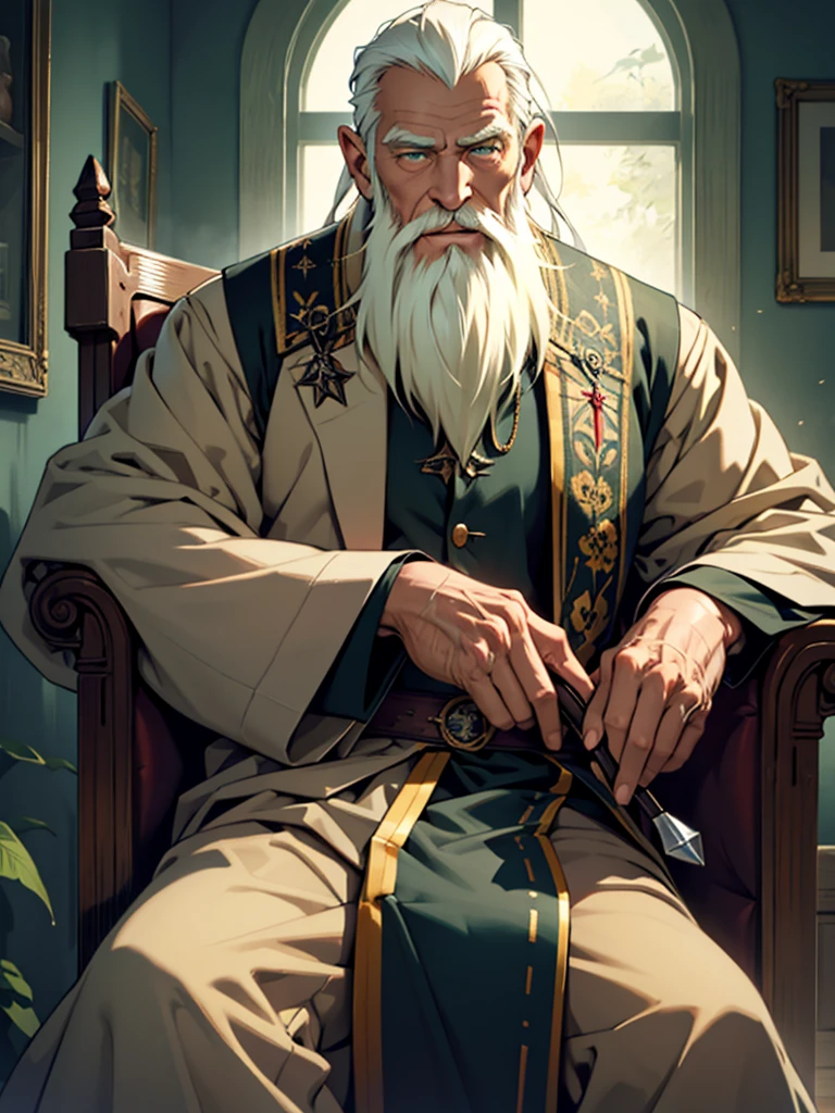 90-year-old man、elder、Long Beard、low length、Sitting in a chair、Light clothing、Green Eyes、Spots on the face、Many wrinkles on the face、Magic wand、Fantasy、Dark and small room