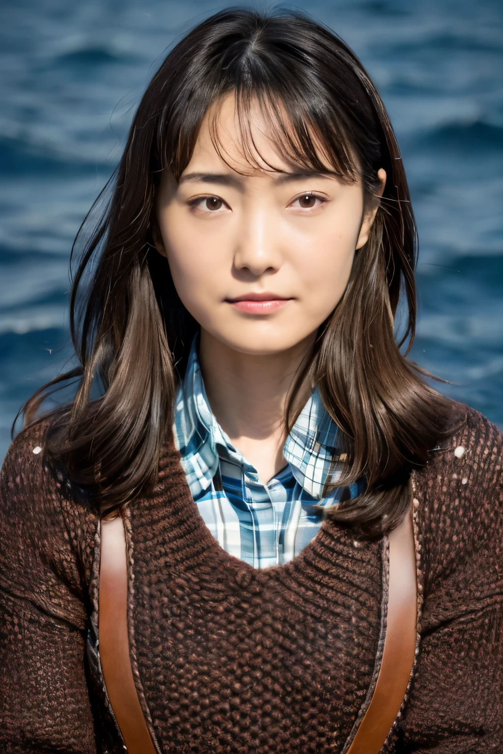 (knitwear), (top-quality, masterpiece:1.3, Super high resolution), (Photorealsitic:1.4, RAW shooting), Ultra-realistic capture, A highly detailed, high-definition 16K for human skin, Wistful, A skinny Japanese woman, 30 years old, cute face, ((Sadness face)), detailed face, detailed eyes, ((correct anatomy)), A dark-haired, Middle hair, ((Background of the sea in a starry night)), (((looking up afar at starry sky))), hair blowing in the wind