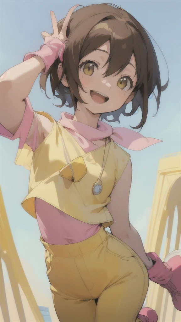 Top quality, masterpiece, high resolution, details, Top quality, masterpiece, high resolution, details, perfect anatomy, (cute girl), smiling, HikariDigi, open mouth, yellow sleveless shirt, pink pants, rubber boots, shoes, sky, solo,Background is blue sky, upper body、Kindergartener, 