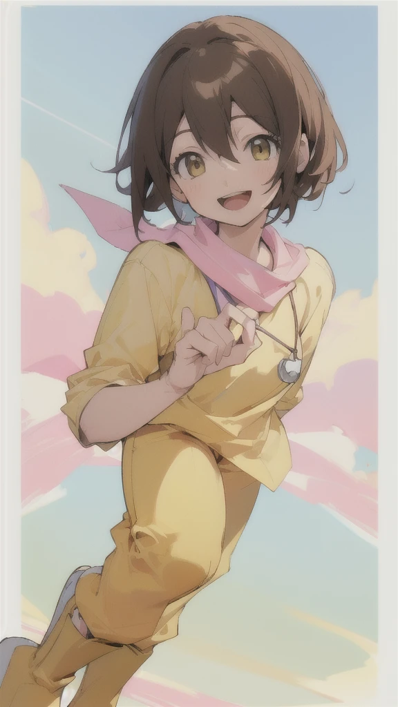 Top quality, masterpiece, high resolution, details, Top quality, masterpiece, high resolution, details, perfect anatomy, (cute girl), smiling, HikariDigi, open mouth, yellow sleveless shirt, pink pants, rubber boots, shoes, sky, solo,Background is blue sky, upper body、Kindergartener, 