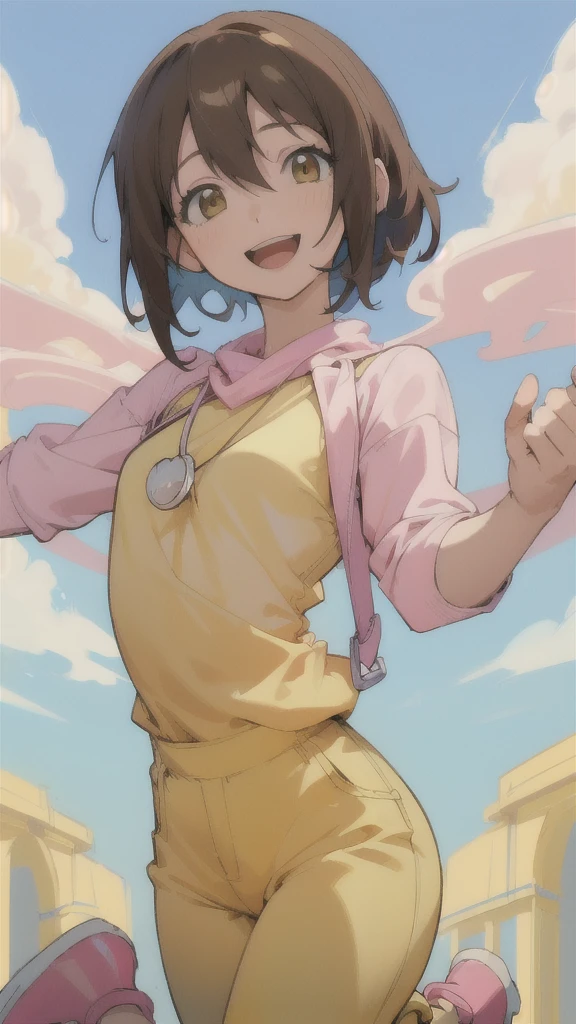 Top quality, masterpiece, high resolution, details, Top quality, masterpiece, high resolution, details, perfect anatomy, (cute girl), smiling, HikariDigi, open mouth, yellow sleveless shirt, pink pants, rubber boots, shoes, sky, solo,Background is blue sky, upper body、Kindergartener, 