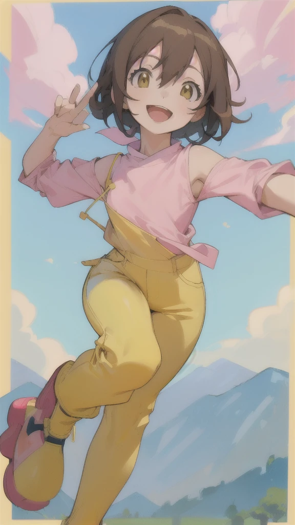 Top quality, masterpiece, high resolution, details, Top quality, masterpiece, high resolution, details, perfect anatomy, (cute girl), smiling, HikariDigi, open mouth, yellow sleveless shirt, pink pants, rubber boots, shoes, sky, solo,Background is blue sky, upper body、ergartener, 