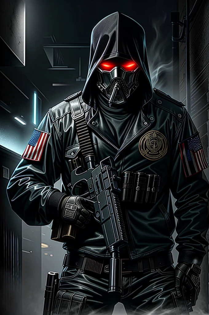 a man with a gun and fire in his mouth, full metal jacket, full metal overlay, metal album cover art, covered in full metal armor, metal album cover, heavy metal art style, metal garments, all-metal, official poster artwork, official artwork, metal skin, punk rock album cover art style, heavy metal artwork, detailed face, dramatic lighting, volumetric fog, cinematic composition, chiaroscuro lighting, gritty and grungy, highly detailed, hyper realistic, 8k, ultra-detailed