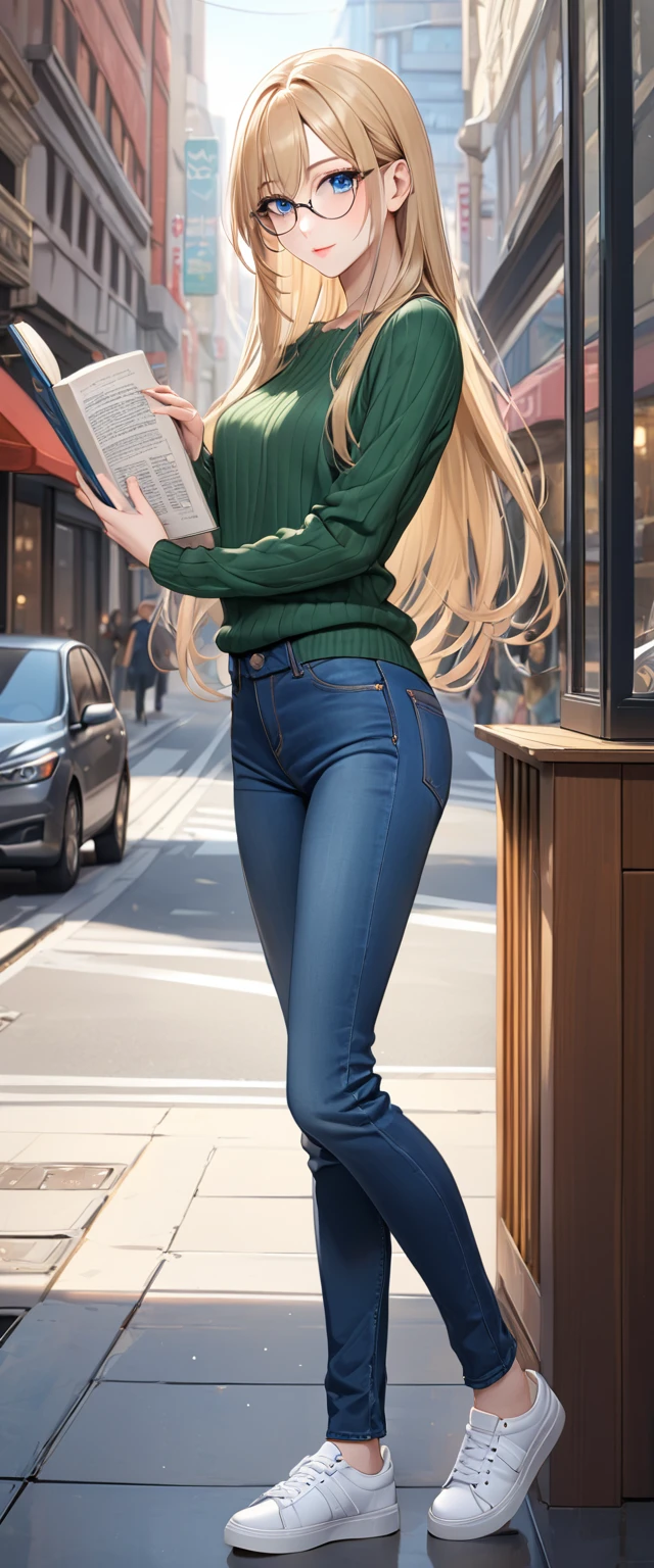 ((best quality, masterpiece:1.3, 8K)), (detailed), highly detailed face and skin texture, detailed eyes, downtown, full body, seductive pose, slender body, 1girl, 25 years old, white skin, blue eyes, bright lips, seductive smile, shy, blond hair, straight hair, long hair, (forehead:0.8), blue eyes, reading glasses, green sweater, jeans pants, skinny jeans, blue jeans, white sneakers,