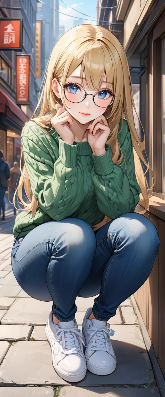 ((best quality, masterpiece:1.3, 8K)), (detailed), highly detailed face and skin texture, detailed eyes, downtown, full body, seductive pose, slender body, 1girl, 25 years old, white skin, blue eyes, bright lips, seductive smile, shy, blond hair, straight hair, long hair, (forehead:0.8), blue eyes, reading glasses, green sweater, jeans pants, skinny jeans, blue jeans, white sneakers,