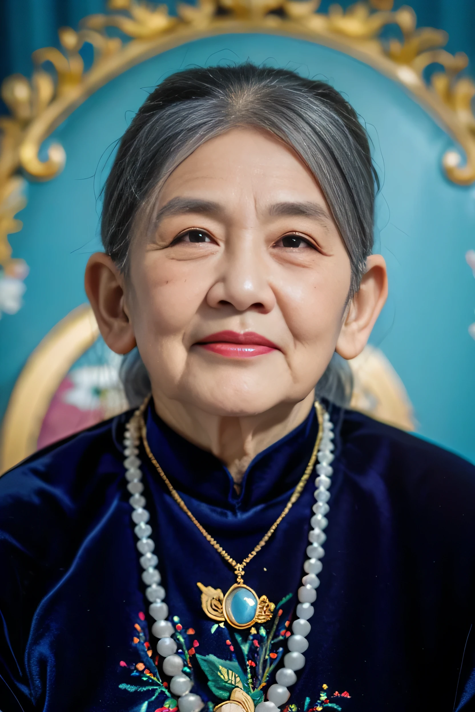 Highly realistic photo, ((masterpiece), (best quality), (raw photo), (photorealistic:1.4), Portrait of a 85 year old Vietnamese woman, ((wearing a velvet Vietnamese aodai)) , ((gray hair)), gold necklace and beaded necklace, ((blue background)) , photo taken by Sony A7IV
