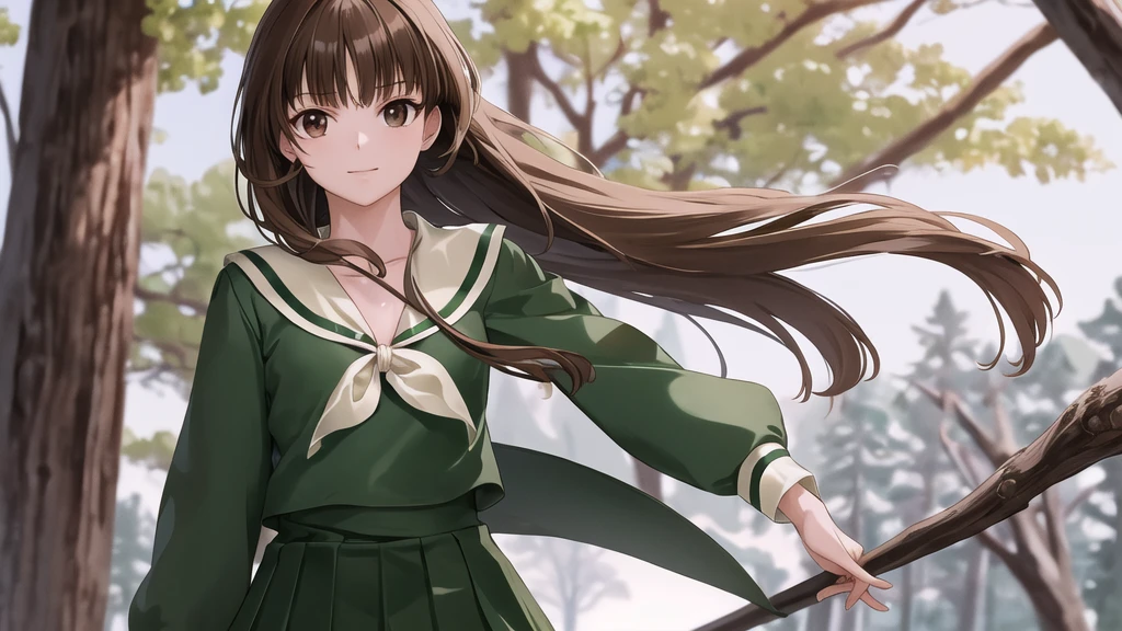 masterpiece, Highest quality, High resolution, aayoshino, , thin, Long Hair, Twin Blade, Brown eyes, Hair that falls over the shoulders, , Sailor collar, neckerchief, Green Shirt, One piece sailor shirt, Long sleeve, Green Skirt, Long skirt, Are standing, Cowboy Shot, Outdoor, Person on the right, Shining Face, Slender