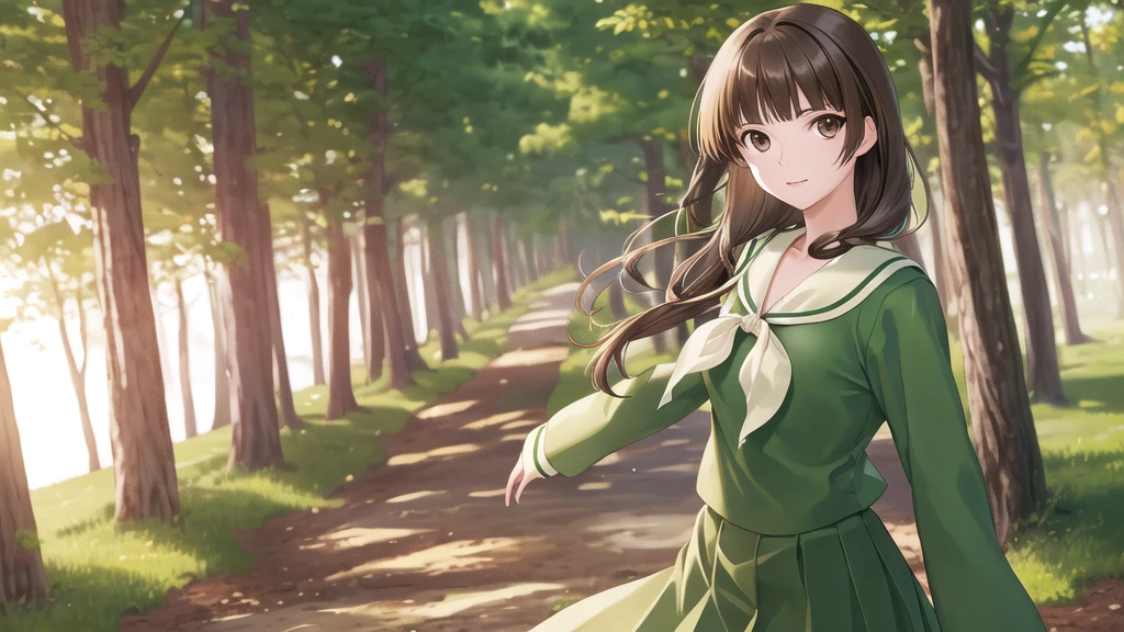 masterpiece, Highest quality, High resolution, aayoshino, , thin, Long Hair, Twin Blade, Brown eyes, Hair that falls over the shoulders, , Sailor collar, neckerchief, Green Shirt, One piece sailor shirt, Long sleeve, Green Skirt, Long skirt, Are standing, Cowboy Shot, Outdoor, Person on the right, Shining Face, Slender