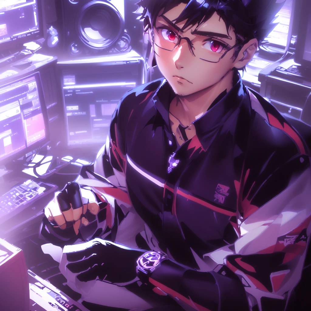 ノートパソコンとモニターのあるSitting at a deskアニメの男, Anime Moe Art Style, Sitting at a desk, Young Anime Guy, With index finger, Handsome anime pose, High quality anime art style, Profile photo 1024px, Anime Style 4k, modern anime style, Anime Wallpaper, Anime Background, IG Studio Anime Style, Detailed digital anime art