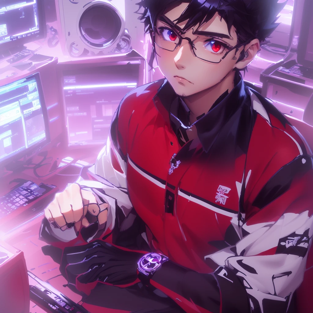 ノートパソコンとモニターのあるSitting at a deskアニメの男, Anime Moe Art Style, Sitting at a desk, Young Anime Guy, With index finger, Handsome anime pose, High quality anime art style, Profile photo 1024px, Anime Style 4k, modern anime style, Anime Wallpaper, Anime Background, IG Studio Anime Style, Detailed digital anime art