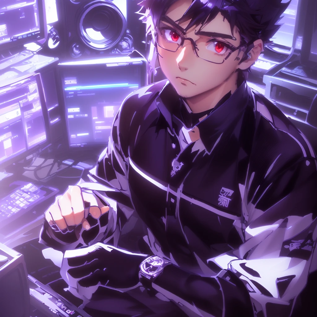 ノートパソコンとモニターのあるSitting at a deskアニメの男, Anime Moe Art Style, Sitting at a desk, Young Anime Guy, With index finger, Handsome anime pose, High quality anime art style, Profile photo 1024px, Anime Style 4k, modern anime style, Anime Wallpaper, Anime Background, IG Studio Anime Style, Detailed digital anime art