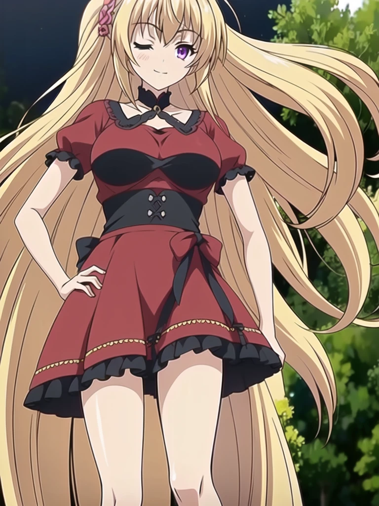 ((Best quality))),((Ultra-detailed)),((illustration)),((Disheveled hair)),((frilld)),(1 girl),(Solo),
1girl,hand_on_hip,solo,rating:safe,black_footwear,breasts,cleavage,clothes_pull,clothing,dress,dress_lift,dress_pull,eyepatch,female,female_only,flower,long_hair,looking_at_viewer,makaria,motion_blur,one_eye_closed,red_dress,skirt,skirt_lift,skirt_pull,small_breasts,smile,standing,weapon,whip,wink,
blonde hair,purple eyes,