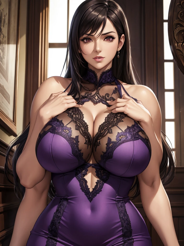 Tifa, Mature Woman, Naked upper body, Purple lace dress, Realistic super huge breasts, My chest feels like it&#39;s going to explode, PP cup breast, Captivating look, At City Park, Full Body Shot, Depth of written boundary, Highest quality photos, 2048 pages, K HDR,Nikon D7000、 ((Full nudity)), Mature Mom, Completely naked, Huge nipples,Naked 、 ((Exposed nipples:1.5))、((Very large boobs:1.2))，Very red face，((Nipples are visible:1.9))、Thick pubic hair、Untidy face，Clear eyes，Crouch down，Squat、Spread your legs、Open Leg、Hands on head、Underarm steam、A lot of steam,Realistic armpits、Detailed armpits,Puffy nipples、((Red eyes:1.8))、Prominent nipples、Very short mini skirt,((Bare breasts:1.8)),((Bare nipples:1.8))