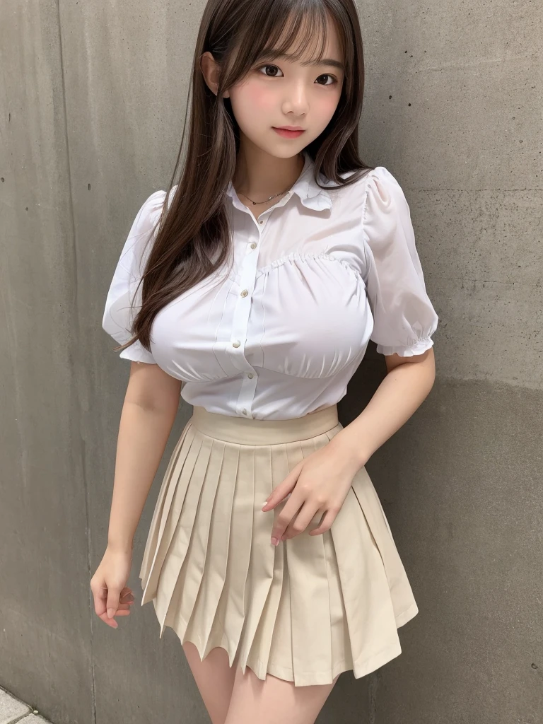 Big Tits、、White blouse with pleated skirt、Breasts coming out of the blouse、I'm pulling up my skirt