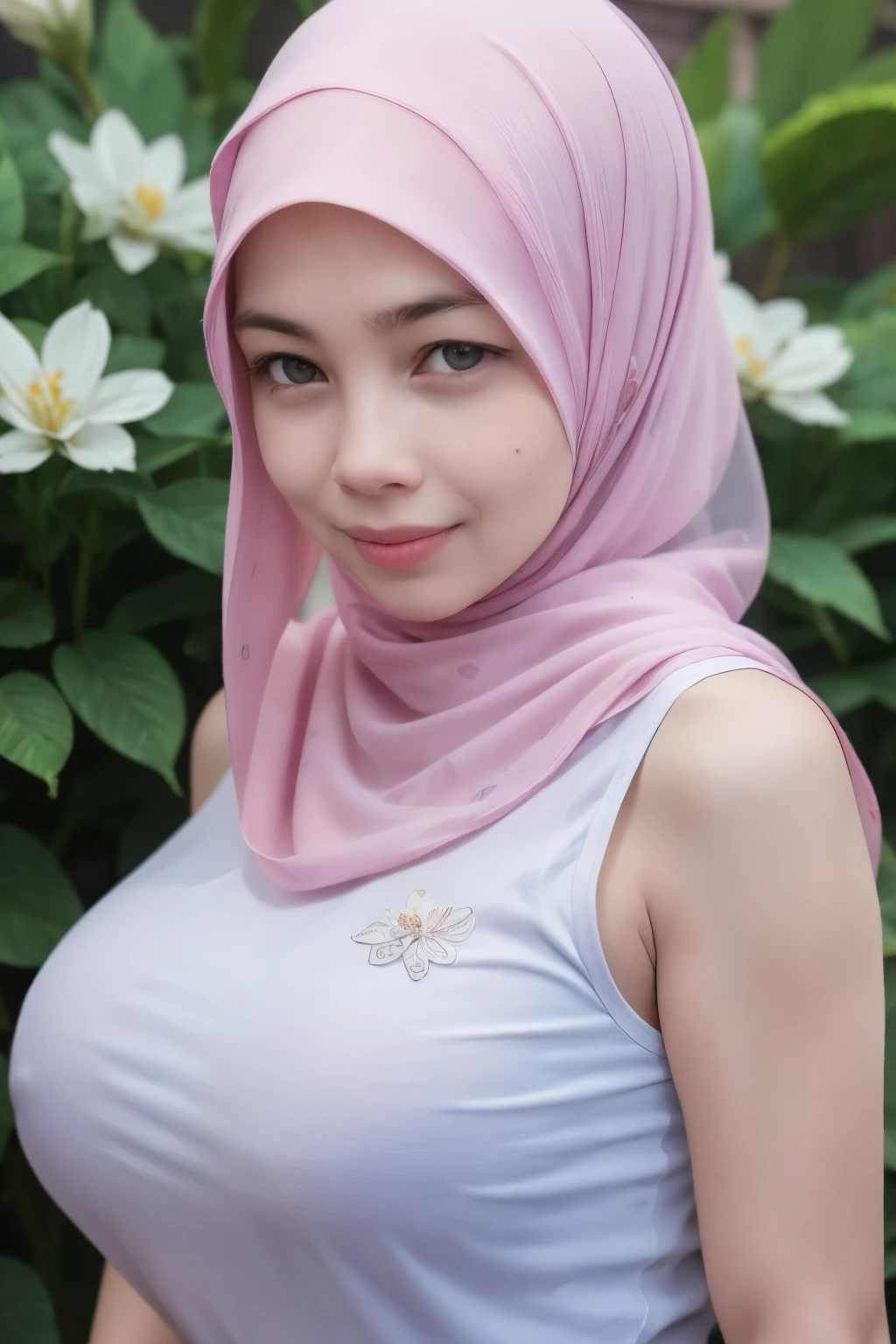 Singlet adorable, 1 girl, (face to face), , baby face, happy, half body portrait, (face details: 1), (eye details: 1), ((huge breasts)). wearing transparent transparency soft long shirt, hijab .. Cute posed. proportional body. Ultra High Res. realistic: 1.4, UHD, (floral pattern), view from side seductive pose