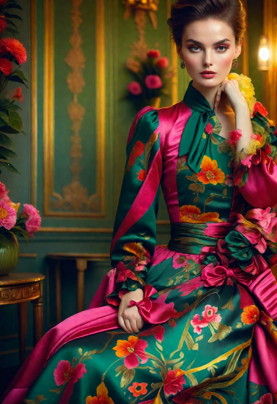 Create an image of a person seated in a dimly lit room. The individual is wearing a vibrant, floral patterned dress with a mix of reds, pinks, and greens and hints of yellow. The dress has full sleeves and appears to be made of a luxurious fabric with a glossy sheen, possibly silk or satin. There is also an element of fur on the garment near the shoulder area, adding texture. The person’s hair is styled in a sleek manner, pulled back from the face which is not visible in this prompt. They are posed with their hands gently resting on their lap, showcasing the dress’s intricate patterns and the bow detail at the waist. Surrounding properties include dark background that contrasts with the bright colors of the dress. The camera angle is from slightly above eye level looking down at an angle towards the person