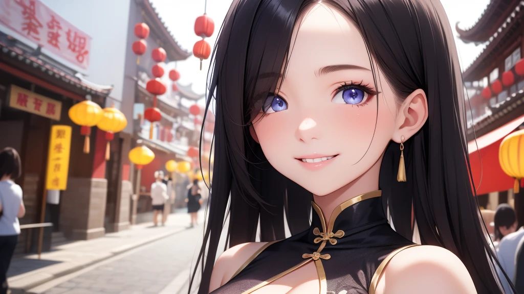 European girl portrait,alone,20-year-old,Beautiful Face,Hair on one eye,Medium Sidecut, Black Hair, Sharp focus,(China dress),Chinatown,Big Breasts,smile