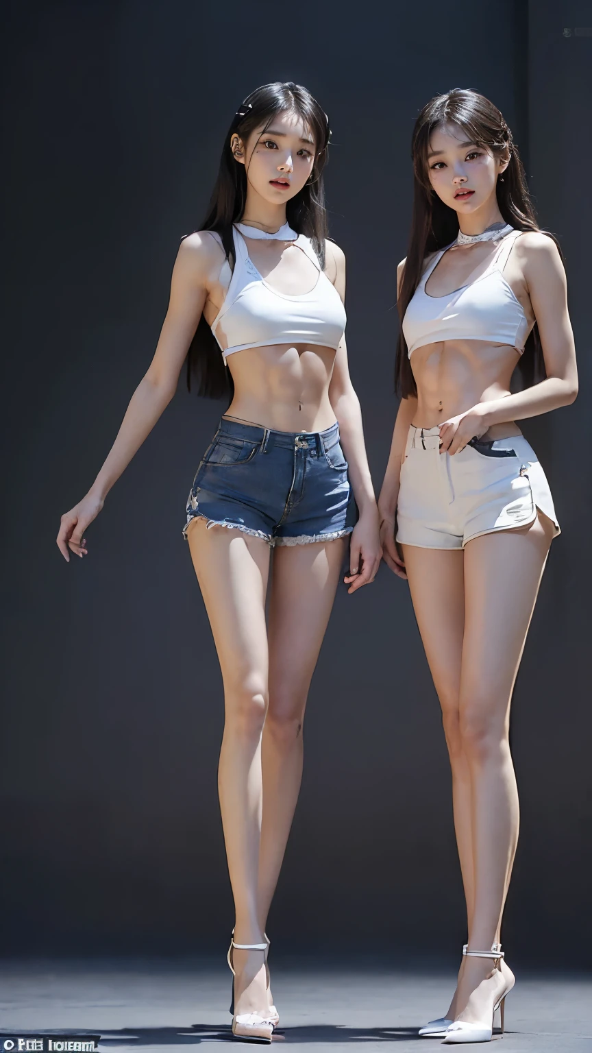 (8K、Raw photo、最high quality、masterpiece:1.5),(((((((Both of them stand with their legs apart:1.9))))))),(((((Both of them have an inseam that is more than half their height.:1.8))))),((Both have bare legs:1.6)),((Both of them are super slim:1.4))，(((((Two girls who look just like WONYOUNG from the k-pop group IVE were photographed:1.9))))),(((They both have super skinny legs:1.6))),(((Both are 173cm tall:1.4))),((Perfect k-pop IVE WONYOUNG style duo:1.3)),(((((Both of them take full body shots:1.8))))),((((Both of you should face your whole body straight ahead.:1.8)))),(((Photographed from below to show the whole body of the legs so that they look longer.:1.7))),Skin irregularities are reproduced in minute detail:1.4, (Super thin waist: 1.2),((超Thin thighs:1.2)), Thin buttocks,Open the navel,１Detailed reproduction of the navel,((Perfect super slim legs:1.3)),(((both of them are the same height:1.3))),(((Both of them have amazingly slim figures.:1.2))),(((Both are wearing micro shorts with a rise of 15cm and an inseam of 1cm.:1.8))),(Both are 16 years old:1.2),((((Both of them are extremely exposed.:1.7)))),(((((Both of them have super-strong abs:1.9))))),((Both of them were wearing short, form-fitting white sports bras.:1.4)),(((Big boobs but no bra:1.4))),(((Both of them had high, erect nipples clearly visible protruding from under their white sports bras.:1.4))),((((Standing in a fashionable theme park on a sunny day:1.4)))),Highly detailed face and skin texture,(Both of you stand with your legs straight and without bending your knees.:1.3),(((They&#39;re both the same height:1.4))),((Both of them look just like WONYOUNG from the K-pop idol IVE.:1.8)), ((((Sunny afternoon:1.3)))),((cute:1.4)),Both are fair-skinned Asians,,Both of them have beautiful eyes,,Both of them have beautiful eyes,,Both of them have beautiful noses, which are realistically reproduced.,Both of them have realistic eyes.,Both have beautiful mouths,((They both have beautiful fingers)),nail,Both of them have beautiful faces.,Both of their beautiful faces are realistically reproduced.,cute,(Ultra-Realistic Details), Natural Shadows,(Very small hips:1.4),Large firm breasts, Super long thighs,(((超Thin thighs:1.2))),(((Super slim calves))),(Both of them have the slender bodies of well-trained track and field athletes.:1.5),(Super muscular body:1.5),Super toned waist,(Super thin waist:1.3),((White high heels:1.2)),lengthen limbs,(((((Shooting the whole body from calf height:1.6))))),(Both of them have slim, toned ankles.:1.2),((((Wide open abdomen:1.5)))),Hands on hips,Both of them face forward,((Both figures have detailed and clear reproduction of the crotch area.)),((Super long legs:1.3)),Thin thighs,((Both of them have bare legs.:1.6)),((Both of them are showing off their legs in a very extreme way.:1.5),((Both of them are showing off their bellies in an extremely extreme way.:1.4),(Black hair ponytail),(Neither of them wears tights or socks.:1.5),((Both of them stand up straight.)),((Keep your hips facing forward:1.5)),2人とも8頭身スタイルBeauty,The ankles are super thin,The arms are very thin and muscular,Make your arms thinner,(((Clearly reproduces the skin texture of the legs down to the finest detail))),Faithfully reproducing the fingers of the hand,(Both of them have super long legs.),(Accurate reproduction of each finger:1.3),(((Each toe is accurately reproduced:1.2))),The middle of the thighs are very thin,(((Clearly reproduces the muscle texture of ultra-muscular and ultra-thin calf skin))),(((超筋肉質な超Thin thighsの肌の筋肉質感を明確に再現する))),(Very tight waist:1.2),((Both of them have an inseam that is more than half their height.の美脚:1.6)),(Extremely thin thighs:1.2),Beauty,Fine skin,Firm skin,(((Both of them should fit from the top of their heads to the toes of their heels.:1.5))),(((They both have super skinny legsの肌を細部まで忠実に再現する))),(Both of them are super muscular and have super thin legs with realistic skin.:1.3),((Realistically reproduces the fine details of toned, slender leg skin:1.3)),((Dazzling Midsummer)),(((Both of them have super-strong quadriceps:1.6))),(((Both of them have extremely well-trained gastrocnemius and soleus muscles.:1.6))),((2人とも超細くてSuper long legs:1.2)),Front lighting,Super detailed, High detail, high quality, Awards,High resolution,(Anatomically correct:1.5)　