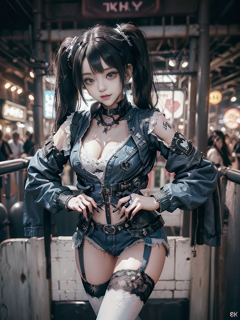 (Full Body View:1.4)、(Full body:1.4)、(Smiling with teeth showing:1.3),(Shibuya Gal:1.5)、(Hostess:1.4)、(gothic fashion:1.5)、(Punk RockVisual Kei:1.3)、(Futuristic baby doll in black, white and denim:1.5)、(A delicate beige and navy jacket:1.5)、(Denim garter belt:1.5)、(Denim and black and white bodysuit:1.4)、(Heart-shaped silver accessories:1.5)、(Brown Skin Belt:1.4)、(Blue High Heels:1.4)、(Lace patterned underwear:1.4)、20-year-old、NSFW,((Highest quality、In 8K、masterpiece:1.3))、Sharp focus:1.2、(Layered Cut、Beautiful boobs:1.1),Beautiful woman with perfect figure:1.4、(Doing an aerobics pose:1.3)、Slender Abs:1.2、Butt、Highly detailed face and skin texture、Detailed eyes、double eyelid,(Twin tails:1.3)、(Black brown hair:1.3)、Obscene、Gravure idol、(Luxurious amusement park at night:1.3)、(Make your legs thinner:1.4)、(Thin thighs:1.4)、(Slim body:1.3)、(clavicle:1.1)