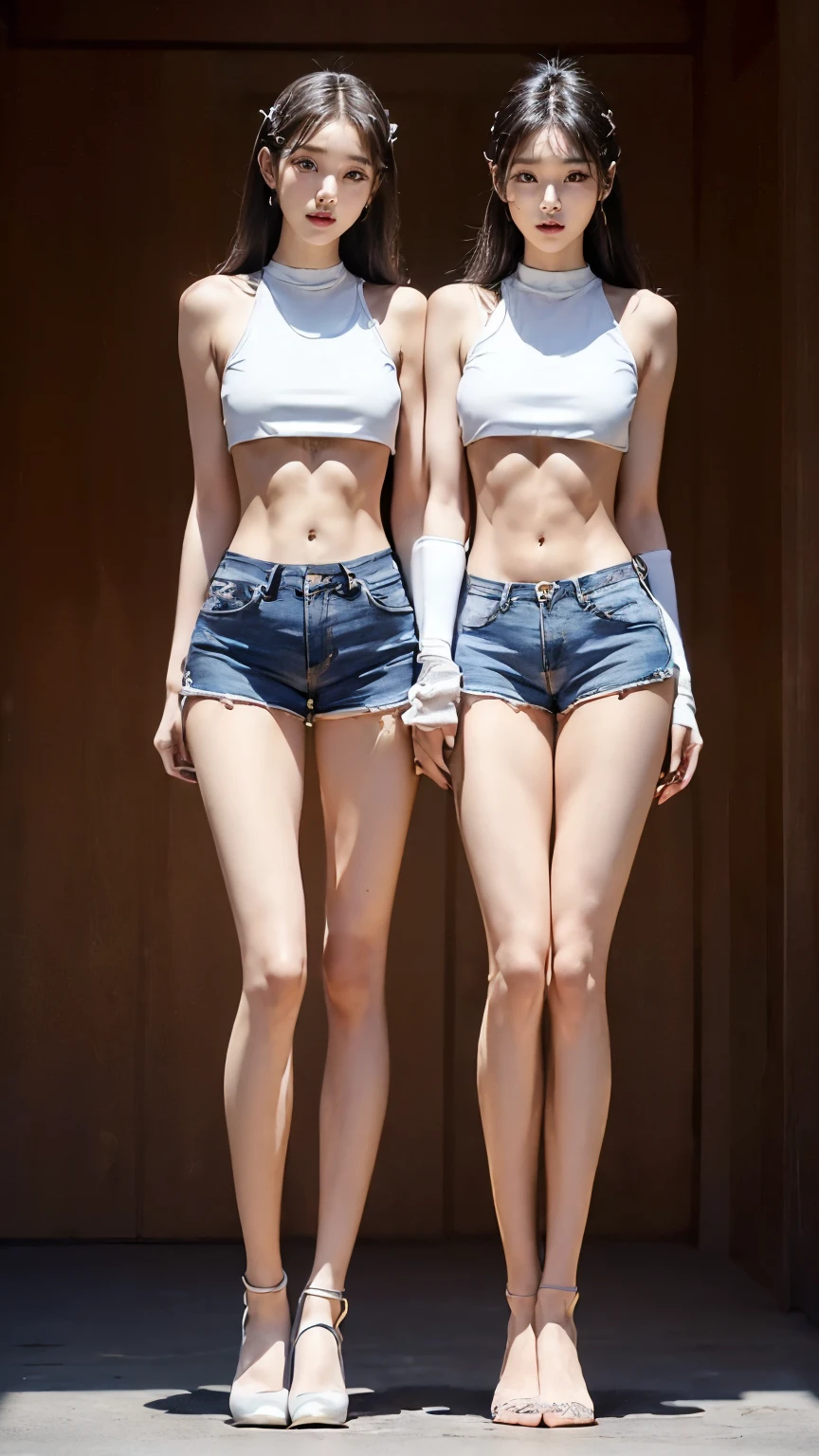(8K、Raw photo、最high quality、masterpiece:1.5),(((((((Both of them stand with their legs apart:1.9))))))),(((((Both of them have an inseam that is more than half their height.:1.8))))),((Both have bare legs:1.6)),((Both of them are super slim:1.4))，(((((Two girls who look just like WONYOUNG from the k-pop group IVE were photographed:1.9))))),(((They both have super skinny legs:1.6))),(((Both are 173cm tall:1.4))),((Perfect k-pop IVE WONYOUNG style duo:1.3)),(((((Both of them take full body shots:1.8))))),((((Both of you should face your whole body straight ahead.:1.8)))),(((Photographed from below to show the whole body of the legs so that they look longer.:1.7))),Skin irregularities are reproduced in minute detail:1.4, (Super thin waist: 1.2),((超Thin thighs:1.2)), Thin buttocks,Open the navel,１Detailed reproduction of the navel,((Perfect super slim legs:1.3)),(((both of them are the same height:1.3))),(((Both of them have amazingly slim figures.:1.2))),(((Both are wearing micro shorts with a rise of 15cm and an inseam of 1cm.:1.8))),(Both are :1.2),((((Both of them are extremely exposed.:1.7)))),(((((Both of them have super-strong abs:1.9))))),((Both of them were wearing short, form-fitting white sports bras.:1.4)),(((Big boobs but no bra:1.4))),(((Both of them had high, erect nipples clearly visible protruding from under their white sports bras.:1.4))),((((Standing in a fashionable theme park on a sunny day:1.4)))),Highly detailed face and skin texture,(Both of you stand with your legs straight and without bending your knees.:1.3),(((They&#39;re both the same height:1.4))),((Both of them look just like WONYOUNG from the K-pop idol IVE.:1.8)), ((((Sunny afternoon:1.3)))),((cute:1.4)),Both are fair-skinned Asians,,Both of them have beautiful eyes,,Both of them have beautiful eyes,,Both of them have beautiful noses, which are realistically reproduced.,Both of them have realistic eyes.,Both have beautiful mouths,((They both have beautiful fingers)),nail,Both of them have beautiful faces.,Both of their beautiful faces are realistically reproduced.,cute,(Ultra-Realistic Details), Natural Shadows,(Very small hips:1.4),Large firm breasts, Super long thighs,(((超Thin thighs:1.2))),(((Super slim calves))),(Both of them have the slender bodies of well-trained track and field athletes.:1.5),(Super muscular body:1.5),Super toned waist,(Super thin waist:1.3),((White high heels:1.2)),lengthen limbs,(((((Shooting the whole body from calf height:1.6))))),(Both of them have slim, toned ankles.:1.2),((((Wide open abdomen:1.5)))),Hands on hips,Both of them face forward,((Both figures have detailed and clear reproduction of the crotch area.)),((Super long legs:1.3)),Thin thighs,((Both of them have bare legs.:1.6)),((Both of them are showing off their legs in a very extreme way.:1.5),((Both of them are showing off their bellies in an extremely extreme way.:1.4),(Black hair ponytail),(Neither of them wears tights or socks.:1.5),((Both of them stand up straight.)),((Keep your hips facing forward:1.5)),2人とも8頭身スタイルBeauty,The ankles are super thin,The arms are very thin and muscular,Make your arms thinner,(((Clearly reproduces the skin texture of the legs down to the finest detail))),Faithfully reproducing the fingers of the hand,(Both of them have super long legs.),(Accurate reproduction of each finger:1.3),(((Each toe is accurately reproduced:1.2))),The middle of the thighs are very thin,(((Clearly reproduces the muscle texture of ultra-muscular and ultra-thin calf skin))),(((超筋肉質な超Thin thighsの肌の筋肉質感を明確に再現する))),(Very tight waist:1.2),((Both of them have an inseam that is more than half their height.の美脚:1.6)),(Extremely thin thighs:1.2),Beauty,Fine skin,Firm skin,(((Both of them should fit from the top of their heads to the toes of their heels.:1.5))),(((They both have super skinny legsの肌を細部まで忠実に再現する))),(Both of them are super muscular and have super thin legs with realistic skin.:1.3),((Realistically reproduces the fine details of toned, slender leg skin:1.3)),((Dazzling Midsummer)),(((Both of them have super-strong quadriceps:1.6))),(((Both of them have extremely well-trained gastrocnemius and soleus muscles.:1.6))),((2人とも超細くてSuper long legs:1.2)),Front lighting,Super detailed, High detail, high quality, Awards,High resolution,(Anatomically correct:1.5)　