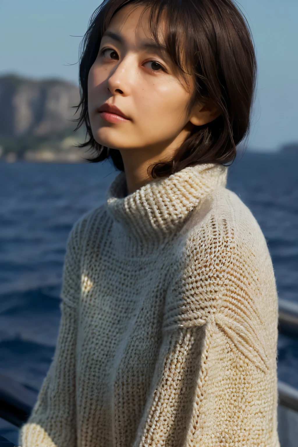 (knitwear), (top-quality, masterpiece:1.3, Super high resolution), (Photorealsitic:1.4, RAW shooting), Ultra-realistic capture, A highly detailed, high-definition 16K for human skin, Wistful, A skinny Japanese woman, 30 years old, cute face, ((Sadness face)), detailed face, detailed eyes, ((correct anatomy)), A dark-haired, Middle hair, ((Background of the sea in a starry night)), (((looking up afar at starry sky))), hair blowing in the wind