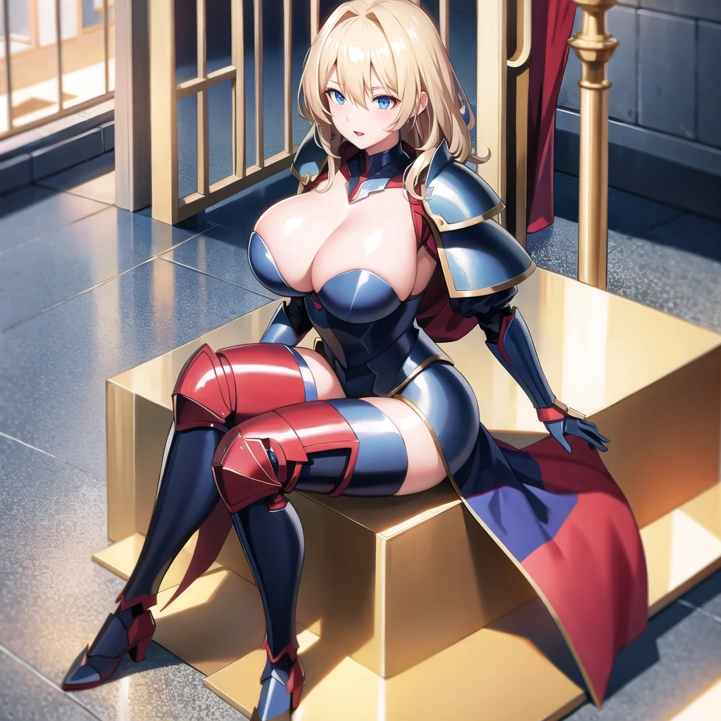 1 armored warrior, female, large breasts, medieval, blonde hair, medium hair, blue eyes, red lips, full body, sitting
