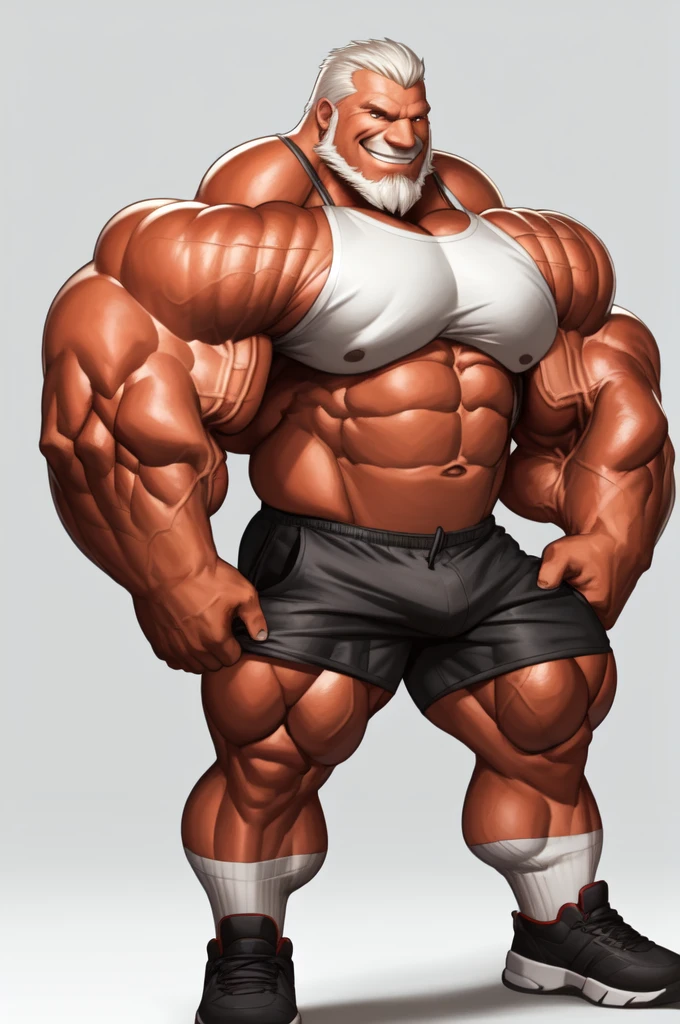 solo, 1boy, perfect anatomy, perfect proportion, smile, grinning, big eyes, happy. Bulging muscle:1.2, Huge Muscular Old man with short hair ,(white shorts), view from side, pectoral, thick arms, huge pectoral, wide pectoral, white hair, white beards, simple background, masterpiece, semirealistic:1.2, high detailed, 8k, high resolution, perfect center, full view. ((really big muscle, massive muscular, thick arms, wide pectoral, super huge muscle, hyper muscular, over sized muscle, huge arms, big arms, huge pectoral)), shoes