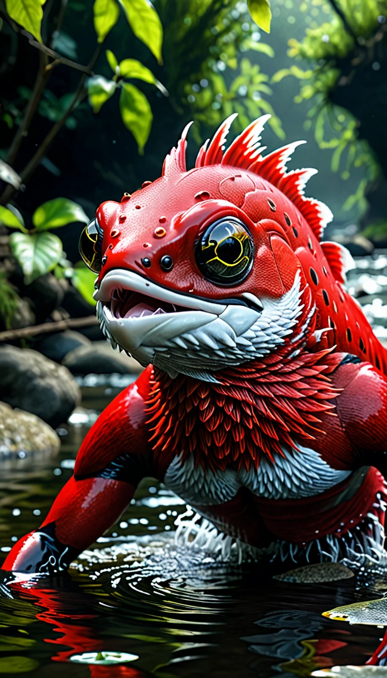 There is a red creature in the river that is a combination of a human head and a fish body.,Mysterious Creatures, shrike, (best quality,4K,8K,High level,masterpiece:1.2),Ultra Detailed,(lifelike,Photo real,Photo real:1.37),Highly detailed animals,Complex patterns,Realistic lighting,Fantasy Creatures