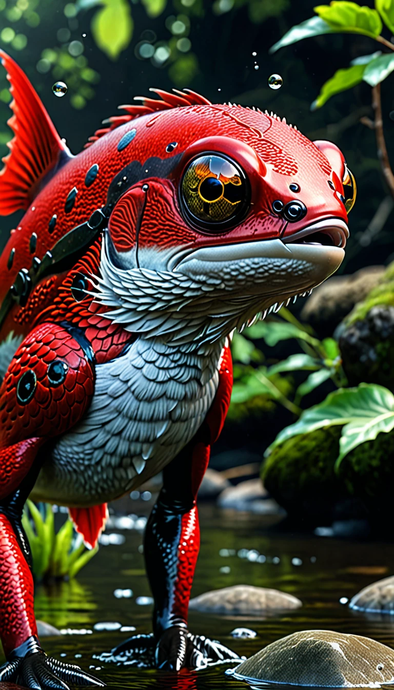 There is a red creature in the river that is a combination of a human head and a fish body.,Mysterious Creatures, shrike, (best quality,4K,8K,High level,masterpiece:1.2),Ultra Detailed,(lifelike,Photo real,Photo real:1.37),Highly detailed animals,Complex patterns,Realistic lighting,Fantasy Creatures
