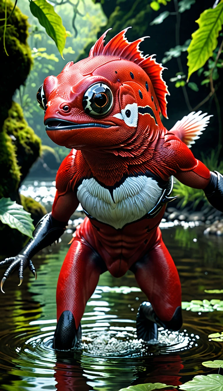 There is a red creature in the river that is a combination of a human head and a fish body.,Mysterious Creatures, shrike, (best quality,4K,8K,High level,masterpiece:1.2),Ultra Detailed,(lifelike,Photo real,Photo real:1.37),Highly detailed animals,Complex patterns,Realistic lighting,Fantasy Creatures
