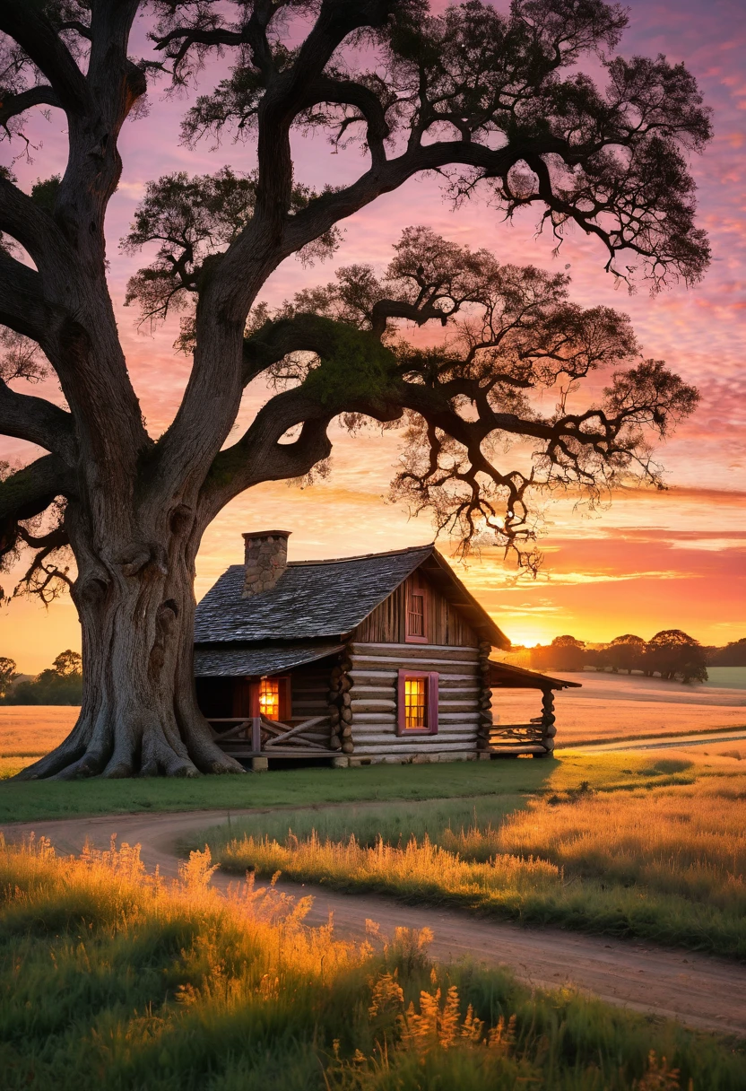 A rustic log cabin, nestled beneath a sprawling oak tree, stands silhouetted against a breathtaking sunset. The golden light bathes the scene in a warm glow, casting long shadows across the fields and winding road. The clouds above are painted with hues of pink and orange, creating a sense of peace and tranquility.