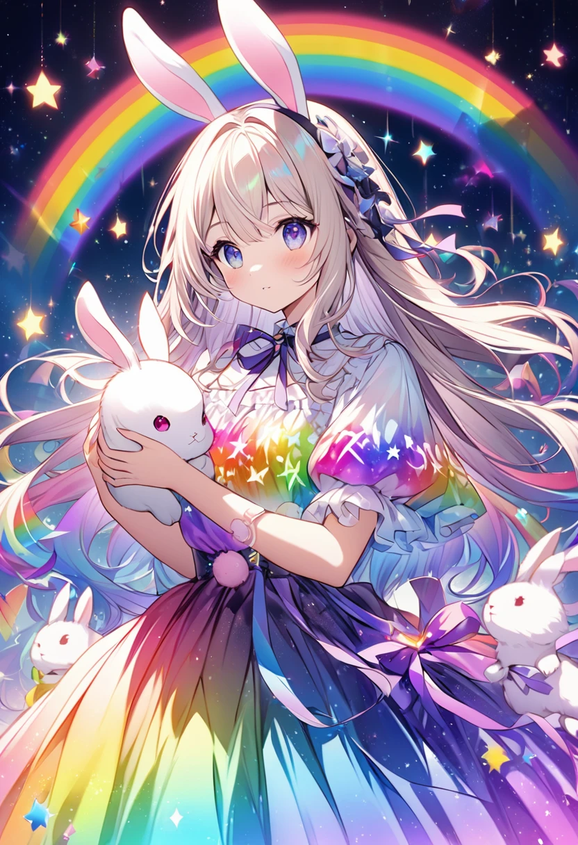 "Create an illustration of a mysterious character holding a white rabbit, She has light-colored hair with ribbons that look like rabbit ears... Letters glow, A rainbow-colored blouse that reflects a variety of colors. The background must be a celestial object, The starry sky transforms into a vibrant rainbow spectrum, Creates a mysterious and magical atmosphere."