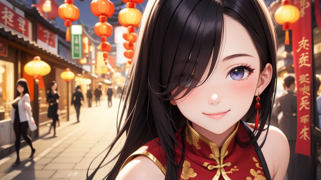 European girl portrait,alone,20-year-old,Beautiful Face,Hair on one eye,Medium Sidecut, Black Hair, Sharp focus,(China dress),Chinatown,Big Breasts,smile
