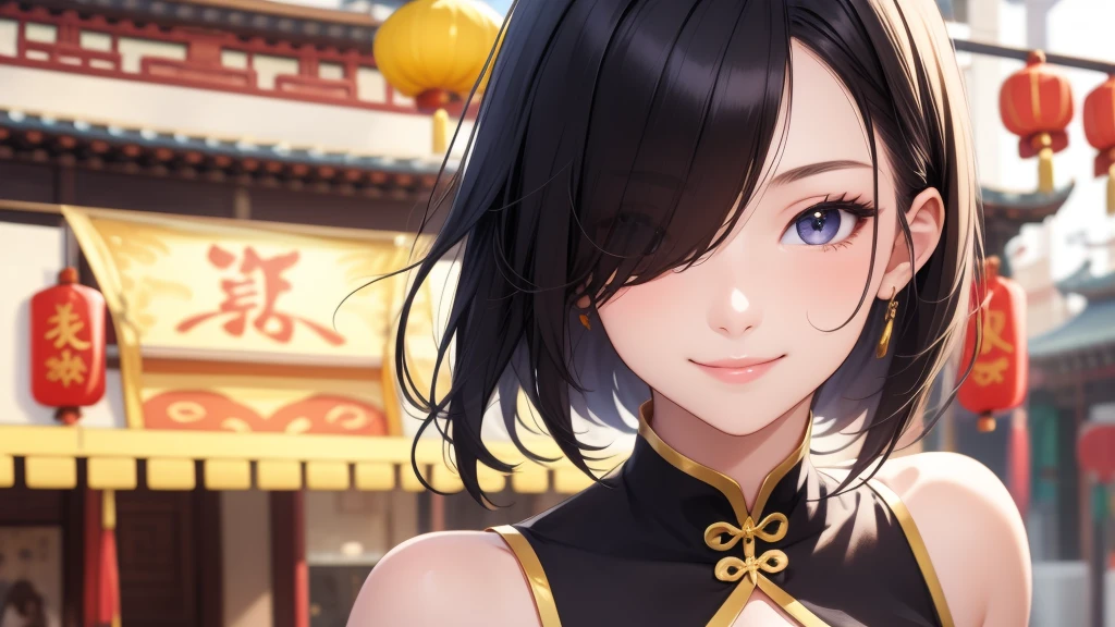 European girl portrait,alone,20-year-old,Beautiful Face,Hair on one eye,Medium Sidecut, Black Hair, Sharp focus,(China dress),Chinatown,Big Breasts,smile