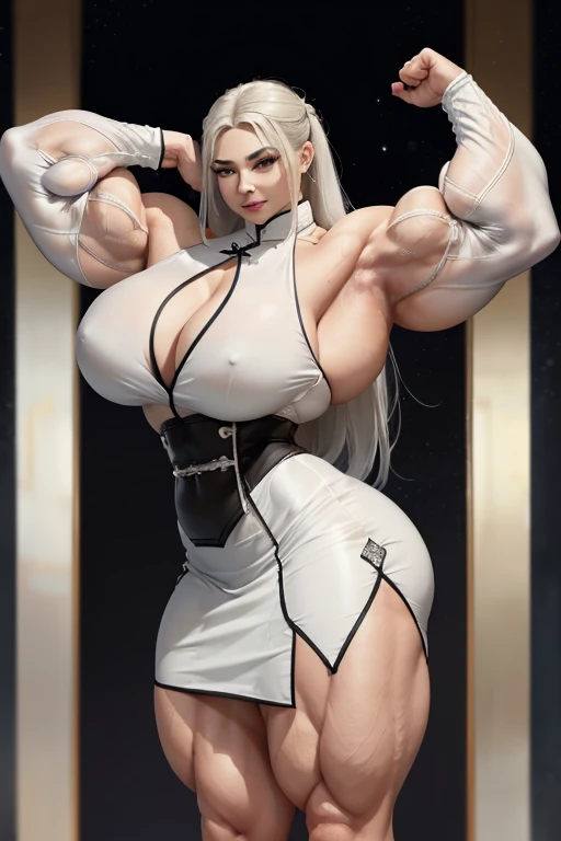 ((Massive, beautiful, buff, light brown skinned, muscular woman with white hair, black lipstick, ginormous bulky muscles and wearing a long sleeve silver qipao top with Qipao skirt)), (close view), massive muscles, massive biceps, hyper muscle triceps, (long straight hair), blue eyes, (silver gauntlets), (beautiful long sleeve silver qipao top), (Qipao skirt), high heels, (in a diamond palace), surrounded by diamonds, night, closed smile, hyper muscles arms, hyper muscle legs, massive arms,