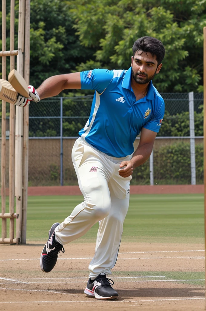 A guy playing cricket