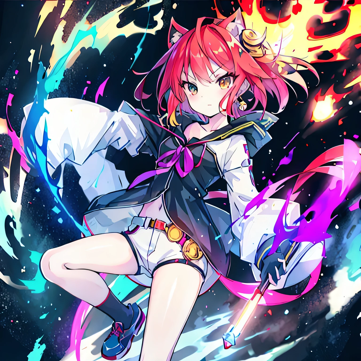 masterpiece, best quality:1.2),anime style:1.8, 1girl, solo, Ultra-detailed, best quality,High saturation, flame, gradient, colorful,magic, vivid colors , two tone hair,