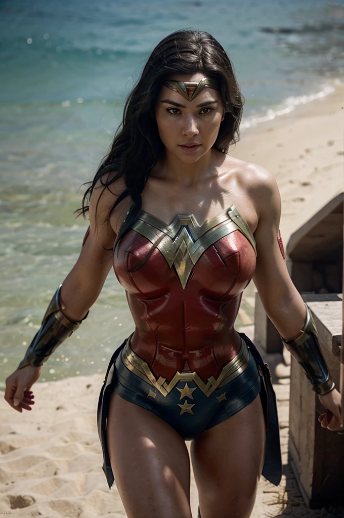 Ultra realistic image of beautiful wonderwoman, hyper realistic skin, big breasts, naked, Ultra High Resolution, 4k, 8D, from above, DC CINEMATIC